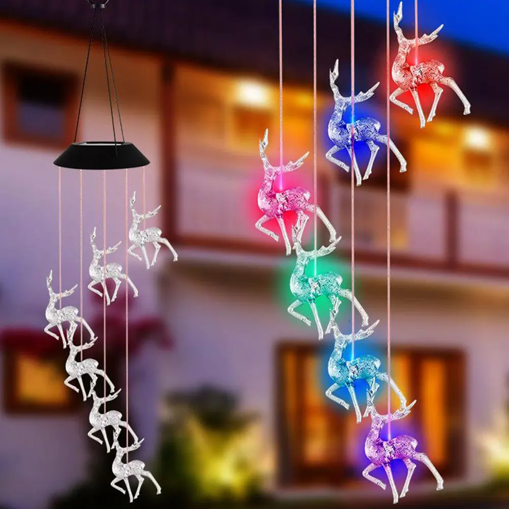 

Color Changing Solar Wind Chime Light LED Colorful Deer Wind Spinner Lamp Hanging Home Patio Yard Garde Decoration