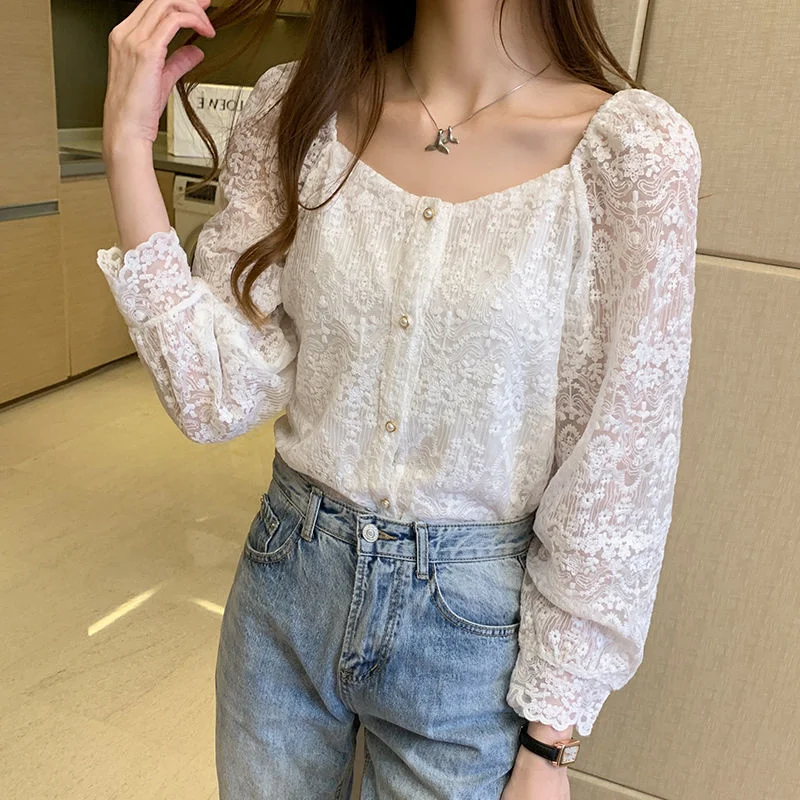 Blouse Women Fall Square Collar Lace Hollow out Loose Long Sleeve Top Women Blusas Ropa De Mujer
Blouse Women Fall Square Collar Lace Hollow out Loose Long Sleeve Top Women Blusas Ropa De Mujer