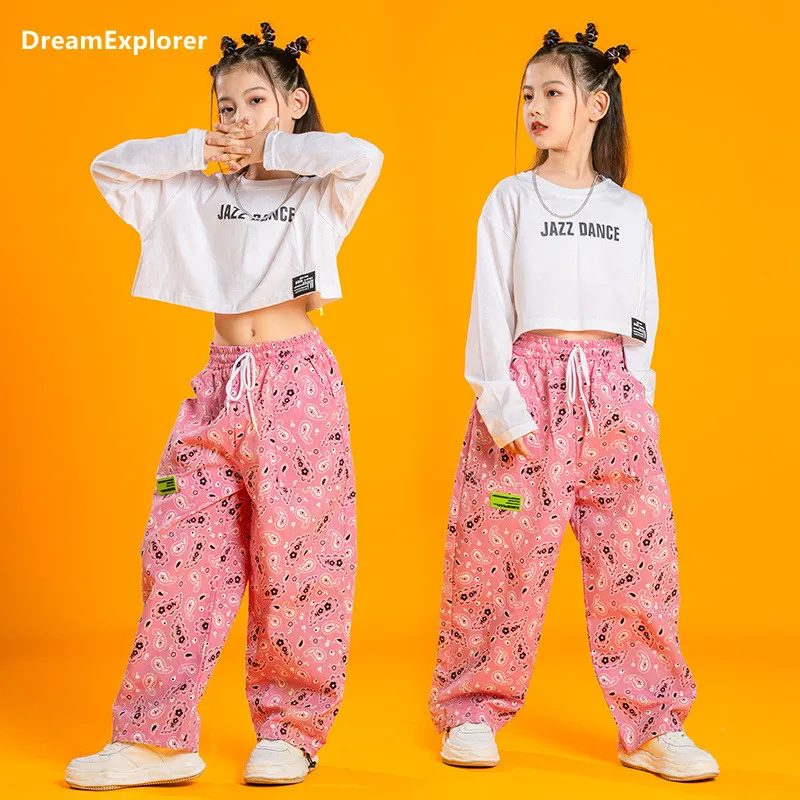 

Girls Hip Hop Crop Top Child Pink Jogger Pants Street Dance Wear Print Paisley Sweatpants Teen Clothes Sets Kids Jazz Streetwear