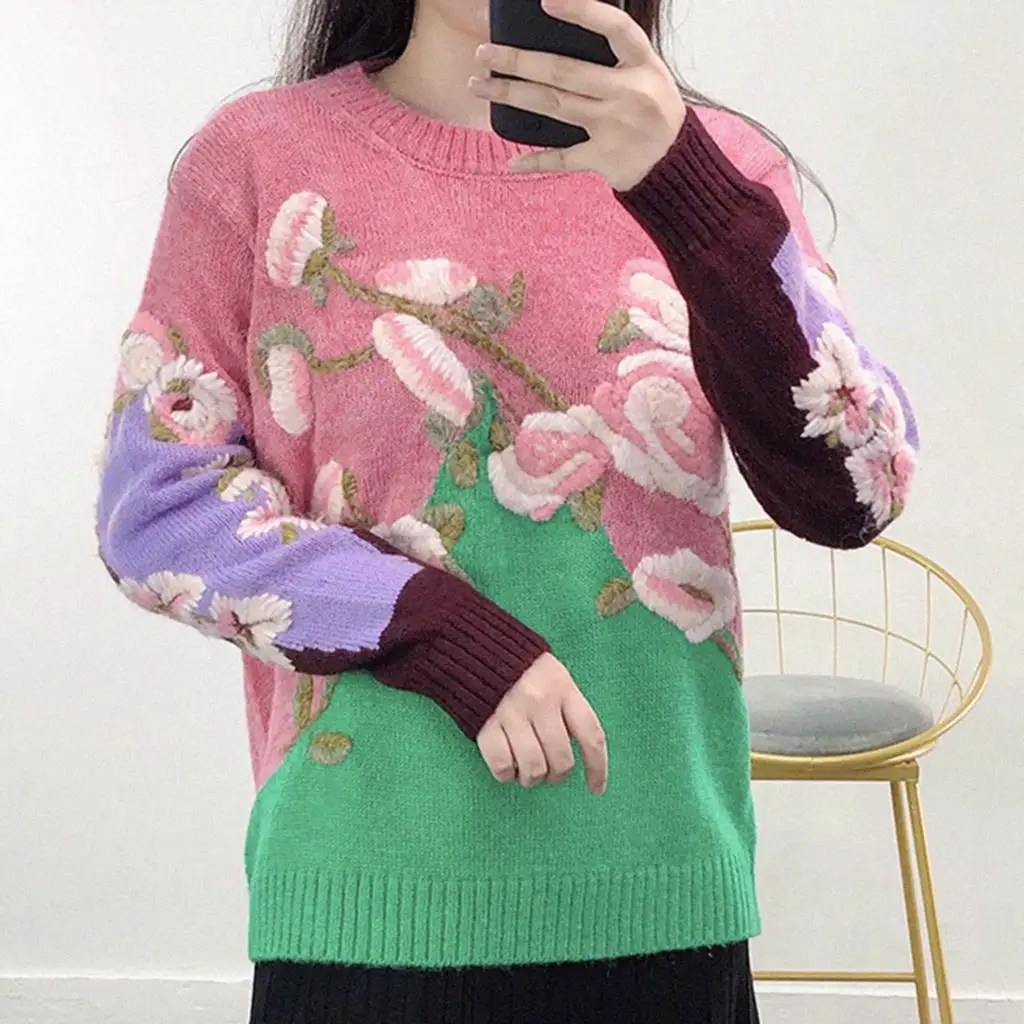 Женский вязаный пуловер с цветочной вышивкой, с круглым вырезом и длинным рукавом
Женский вязаный пуловер с цветочной вышивкой, с круглым вырезом и длинным рукавом