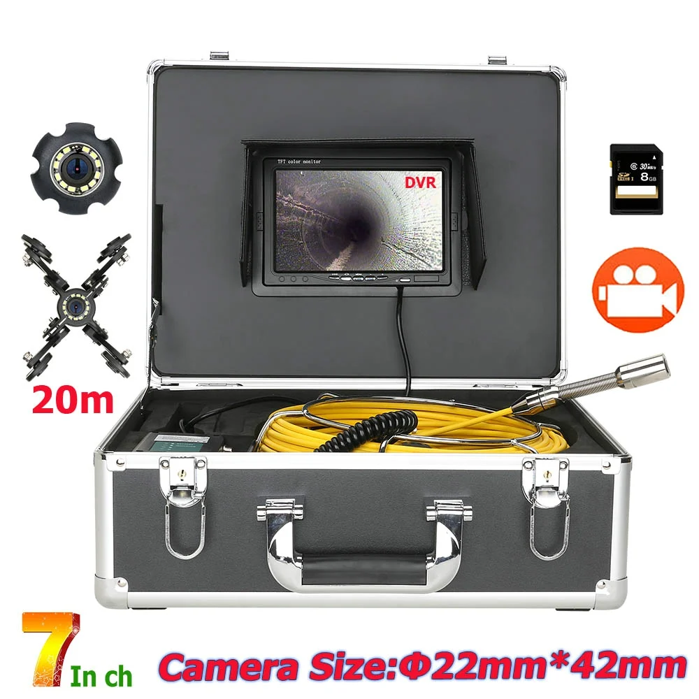 

7" Monitor 20M DVR Recording Pipe Inspection Video Camera IP68 Drain Sewer Pipeline Industrial Endoscope System with 12PCS LEDs