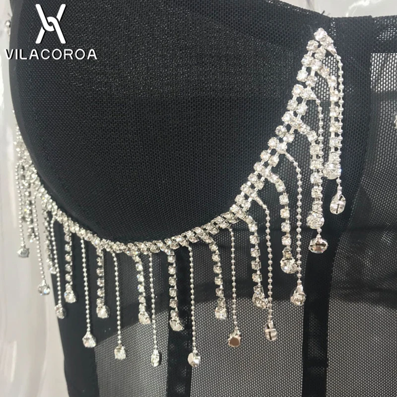 Sexy Tube Top Stitching Diamond Women Camis Tassel Mesh Perspective Strap Crop Top Sleeveless Backless Nightclub Black Top Vest
Sexy Tube Top Stitching Diamond Women Camis Tassel Mesh Perspective Strap Crop Top Sleeveless Backless Nightclub Black Top Vest