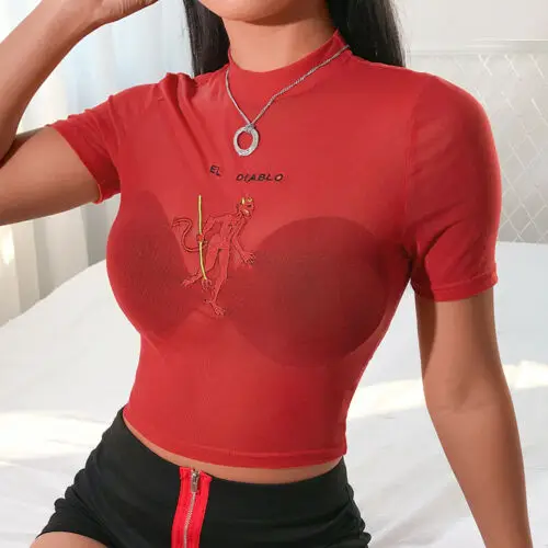 Summer New Sexy Tops Women Short Sleeve Mesh Perspective Sheer High Neck Devil T Shirt Thin sectionTops Red
Summer New Sexy Tops Women Short Sleeve Mesh Perspective Sheer High Neck Devil T Shirt Thin sectionTops Red