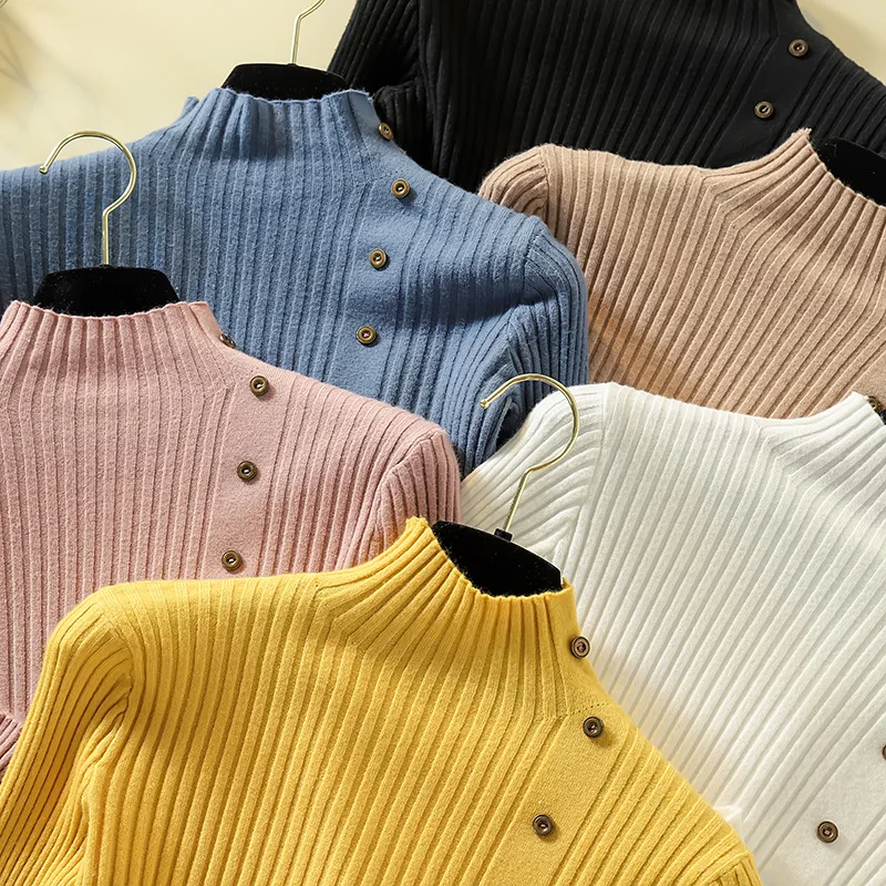 Women Autumn Knitted Sweater Solid Tight Slim Knitted Female Cotton Soft Elastic Color Pullovers Button Full Sleeve Turtleneck
Women Autumn Knitted Sweater Solid Tight Slim Knitted Female Cotton Soft Elastic Color Pullovers Button Full Sleeve Turtleneck