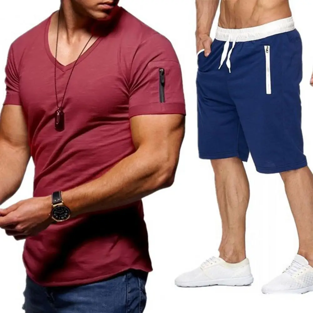 Summer Men's Sets Outfit Casual Tracksuit Solid Color V Neck Men Short Sleeve T-shirt Drawstring Shorts Sports Men's Sets 2021
Summer Men's Sets Outfit Casual Tracksuit Solid Color V Neck Men Short Sleeve T-shirt Drawstring Shorts Sports Men's Sets 2021