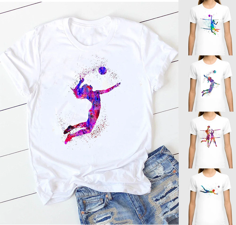 

Women Clothes 2022 Watercolor Volleyball Girl Graphic Print T Shirt Femme Korean Style T-shirt Female Tumblr Tops Tee Streetwear