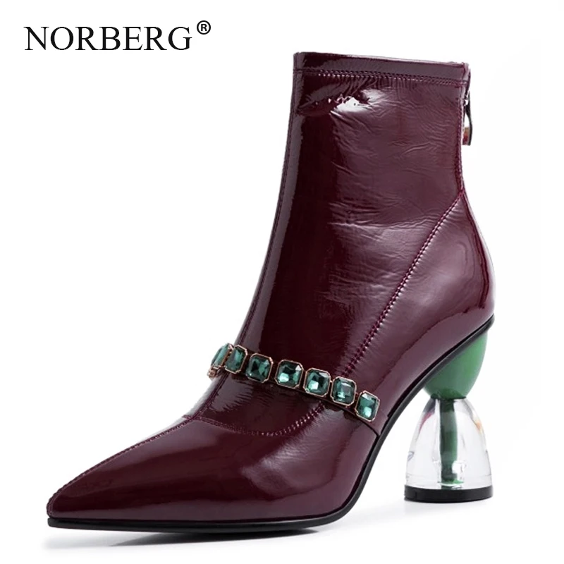 NORBERG leather high heel woman boots elastic small wrinkle patent leather bare boots metal zipper with diamond rivet boots
NORBERG leather high heel woman boots elastic small wrinkle patent leather bare boots metal zipper with diamond rivet boots
