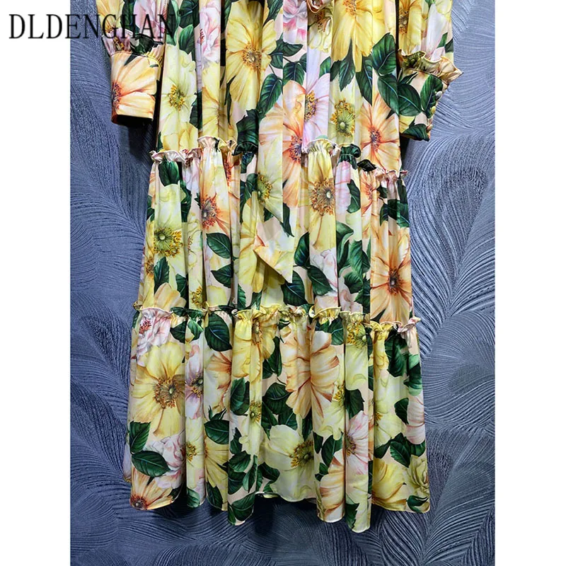 DLDENGHAN Fashion Flower Print Loose Dress Women's Lace-Up Stand Collar Long Sleeve Ruffles Bohemian Dresses Designer Spring New 
DLDENGHAN Fashion Flower Print Loose Dress Women's Lace-Up Stand Collar Long Sleeve Ruffles Bohemian Dresses Designer Spring New