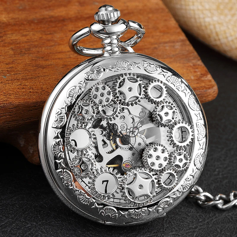 Vintage Silver Hand Wind Mechanical Pocket Watch Men Hollow Gear Double-sided Steampunk Skeleton Fob Watch Necklace With Chain
Vintage Silver Hand Wind Mechanical Pocket Watch Men Hollow Gear Double-sided Steampunk Skeleton Fob Watch Necklace With Chain
