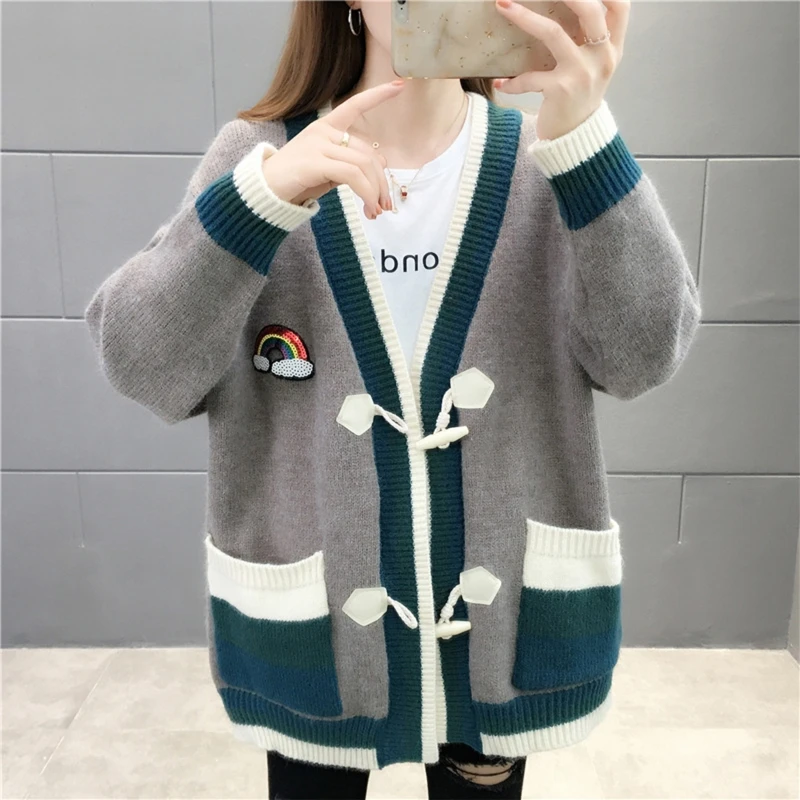 Women Long Sleeves Knitted Cardigan Double-breasted Horn Button Stitching Coat M5TE
Women Long Sleeves Knitted Cardigan Double-breasted Horn Button Stitching Coat M5TE