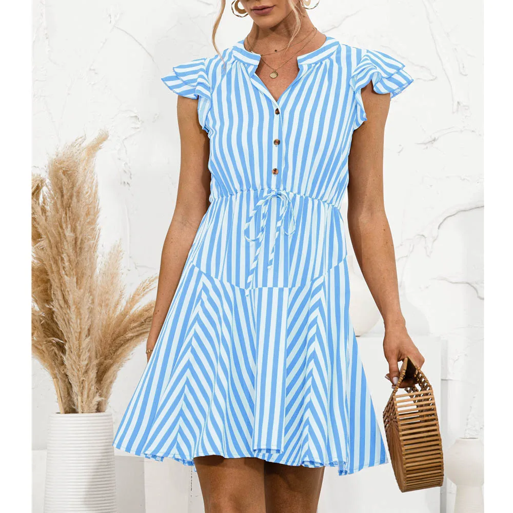 Flying Sleeve Mini Dresses A-line V Neck Striped Splice Women Summer Button Loose Contrast Color Girl Drawstring Sashes Dress
Flying Sleeve Mini Dresses A-line V Neck Striped Splice Women Summer Button Loose Contrast Color Girl Drawstring Sashes Dress