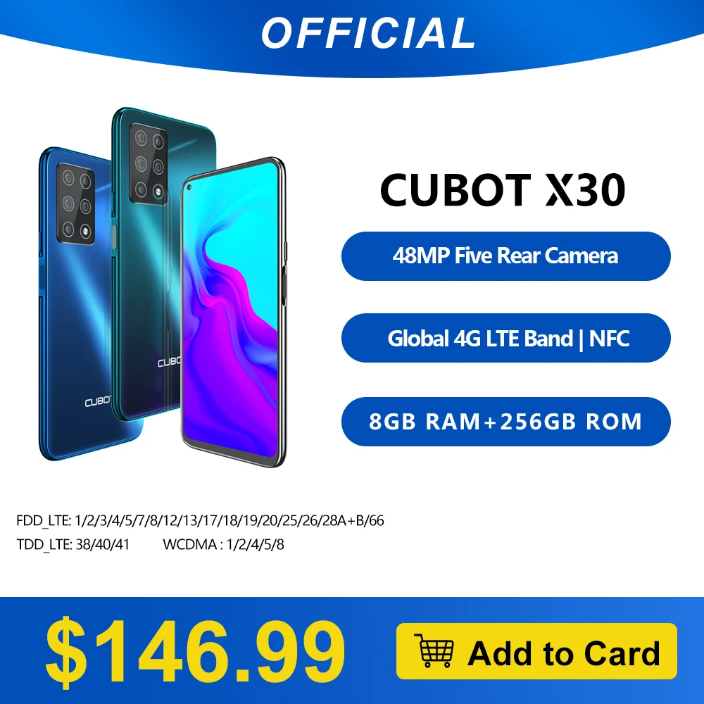 

Cubot X30 8GB Smartphone 48MP Five Camera 32MP Selfie NFC 256GB 6.4" FHD+ Fullview Display Android 10 Global Version Helio P60