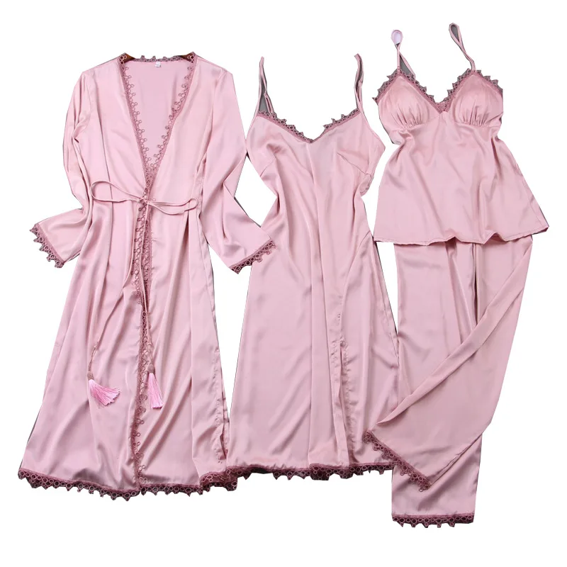 

4 шт., женский Шелковый Атласный набор пижам Пижамы, набор для сна, пижама, Пижамный костюм, женский пижамный комплект из двух предметов, дома...