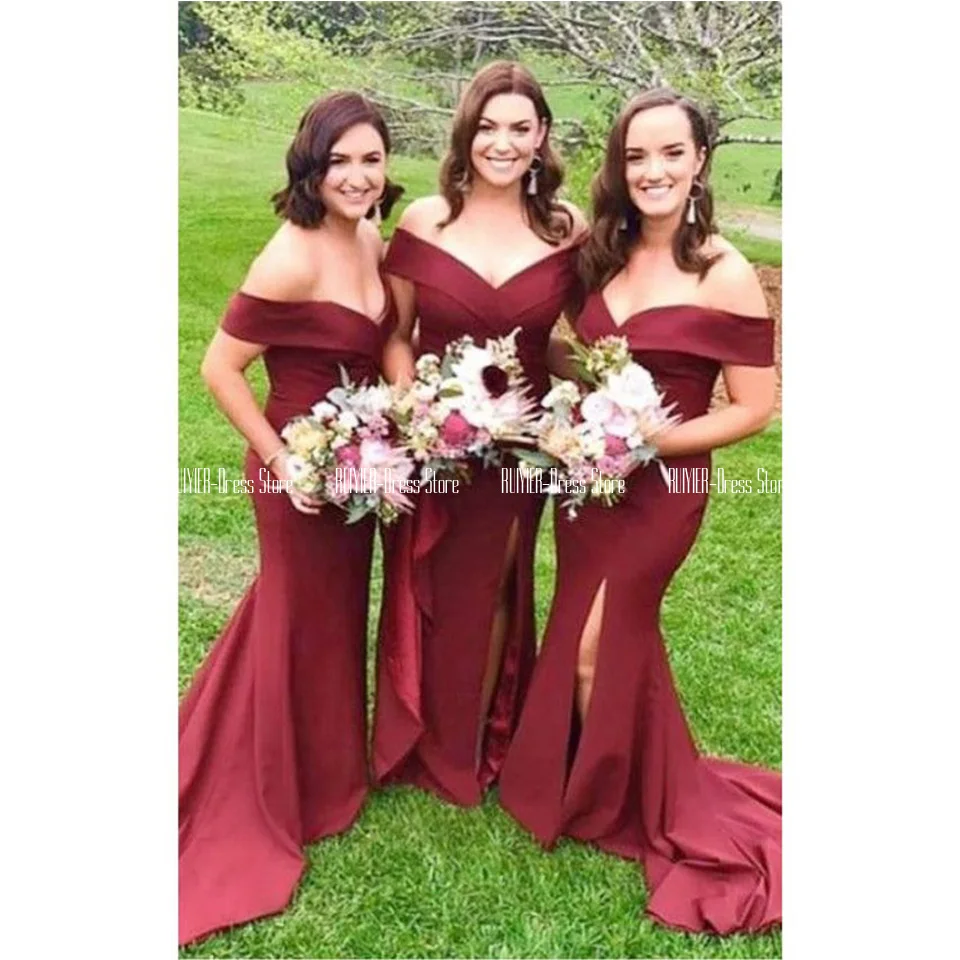 Elegant Burgundy Mermaid Bridesmaid Dresses V Neck Off The Shoulder Side Slit Wedding Party Dresses Court Train Satin Long Prom
Elegant Burgundy Mermaid Bridesmaid Dresses V Neck Off The Shoulder Side Slit Wedding Party Dresses Court Train Satin Long Prom