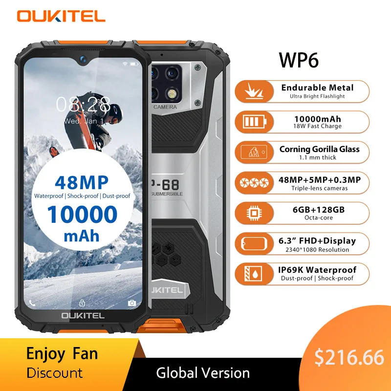 OUKITEL WP6 10000mAh 6.3'' FHD+ IP68 Waterproof Mobile Phone 6GB 128GB Octa Core 16MP Triple Cameras Rugged Smartphone celular
OUKITEL WP6 10000mAh 6.3'' FHD+ IP68 Waterproof Mobile Phone 6GB 128GB Octa Core 16MP Triple Cameras Rugged Smartphone celular