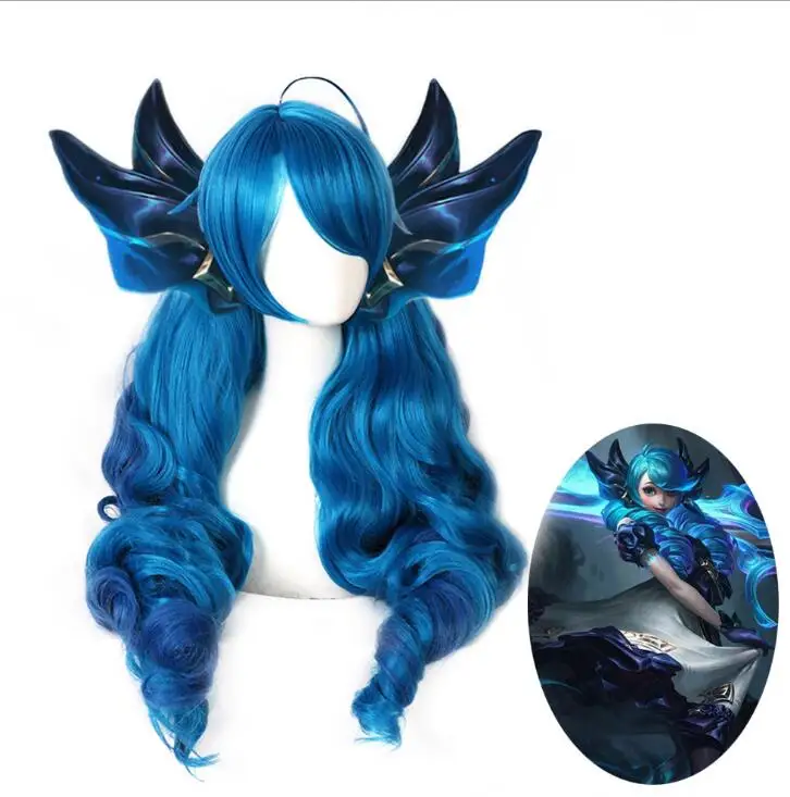 

Cosplay 85cm Game LOL Gwen Wig Gradient Blue Wavy Side Part Gwen Wig with Bangs Ponytails Hair for Halloween Party