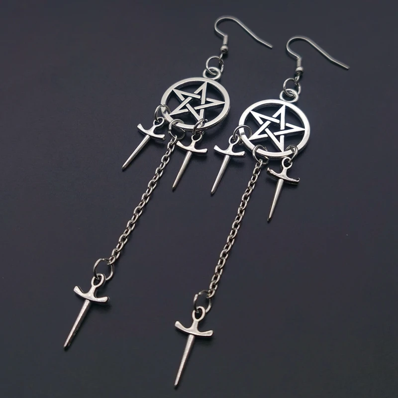 Pentagram Swords Earrings Silver Plated Huggie Hoops Dangle Witchy Jewelry Pagan Wiccan Tarot Gothic Emo Women Gift
Pentagram Swords Earrings Silver Plated Huggie Hoops Dangle Witchy Jewelry Pagan Wiccan Tarot Gothic Emo Women Gift