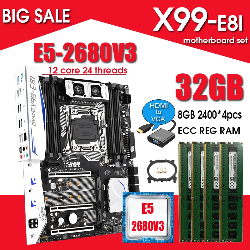JINGSHA X99 E8I Motherboard Set With E5 2680V3 And 4*8GB DDR4 2400MHZ ECC REG RAM NVME M.2 USB3.0 ATX And HDMI to VGA line
JINGSHA X99 E8I Motherboard Set With E5 2680V3 And 4*8GB DDR4 2400MHZ ECC REG RAM NVME M.2 USB3.0 ATX And HDMI to VGA line