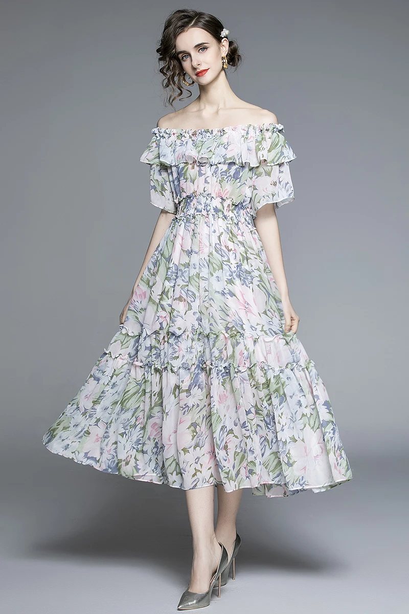 COIGARSAM Ruffles Women dress Print Chiffon Dresses Pink Yellow 8170 
COIGARSAM Ruffles Women dress Print Chiffon Dresses Pink Yellow 8170