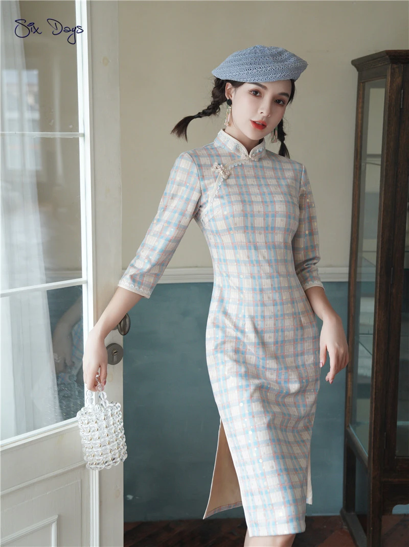 Sweet Modern Qipao Chinese Dress Women Plaid Party Sexy Dress Summer Slim Young Girl Vintage Suede Cheongsam Lady Casual 
Sweet Modern Qipao Chinese Dress Women Plaid Party Sexy Dress Summer Slim Young Girl Vintage Suede Cheongsam Lady Casual