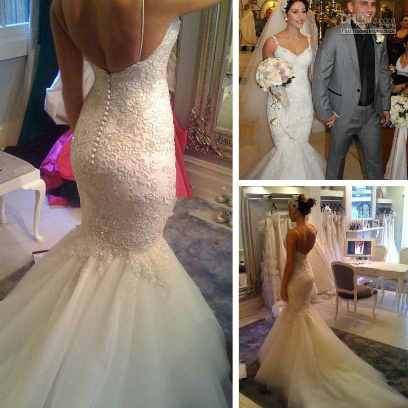 Vestidos Sexy Spaghettic Strap Lace Mermaid Wedding Dresses V Neck White/Ivory Tulle Backless Bridal Gowns
Vestidos Sexy Spaghettic Strap Lace Mermaid Wedding Dresses V Neck White/Ivory Tulle Backless Bridal Gowns