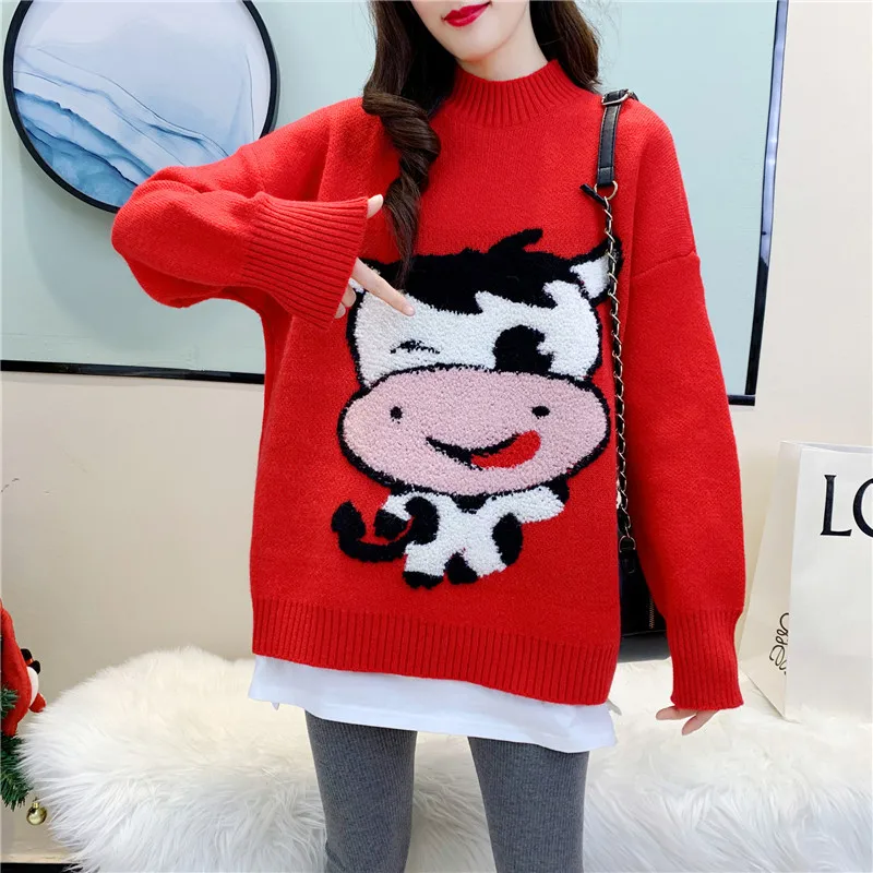 2021 China Bull Year Sweater Woman New Year Knit Sweater Chinese Aesthetics Clothes Red Blue Vintage Loose Body Kawaii Pullovers 
2021 China Bull Year Sweater Woman New Year Knit Sweater Chinese Aesthetics Clothes Red Blue Vintage Loose Body Kawaii Pullovers