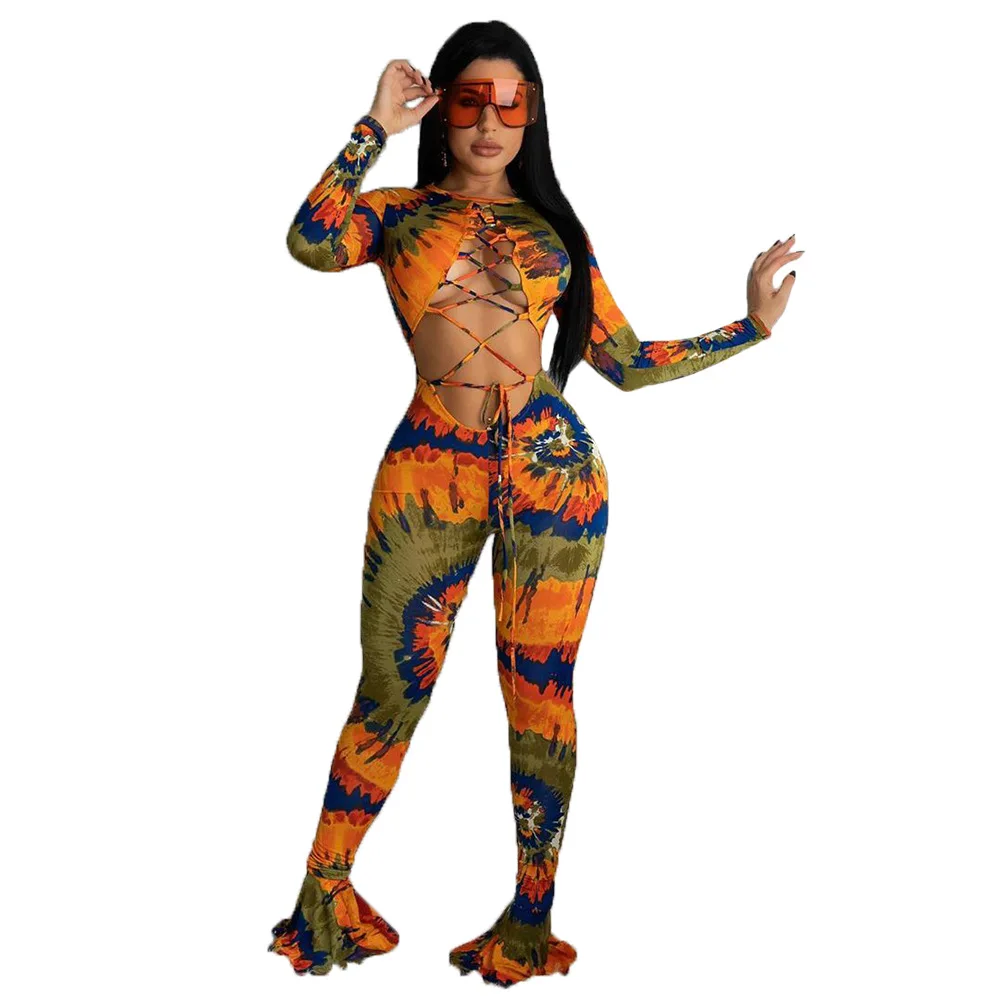 Lace Up Waist Band Cut Out Sexy Flare Rompers Women Tie Dyeing Print Hollow Out Bodycon Jumpsuit 2021 Spring Long Sleeve Outfit
Lace Up Waist Band Cut Out Sexy Flare Rompers Women Tie Dyeing Print Hollow Out Bodycon Jumpsuit 2021 Spring Long Sleeve Outfit