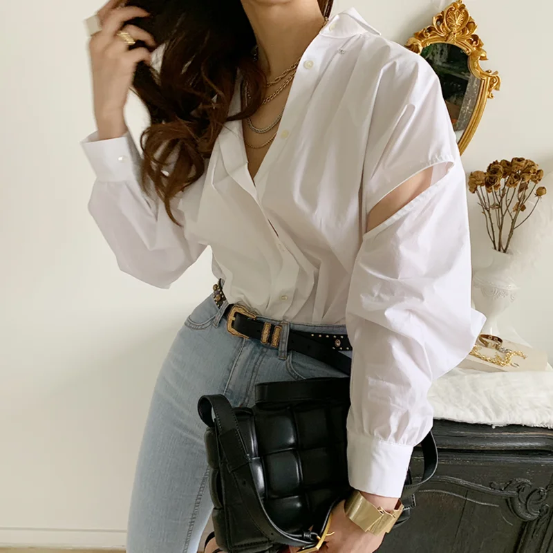 Women's Minimalist Shirt Solid Turn-down Collar Invisible Buttons Hollow Out Puff Sleeves Loose Blouses Autumn Spring 2021 
Women's Minimalist Shirt Solid Turn-down Collar Invisible Buttons Hollow Out Puff Sleeves Loose Blouses Autumn Spring 2021