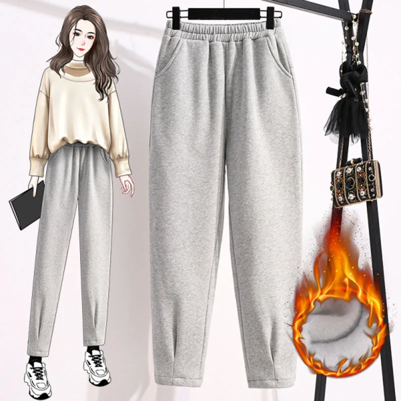 Physical high-waist women's casual knitted cotton plus velvet nine-point Harlan winter plus size elastic black pants