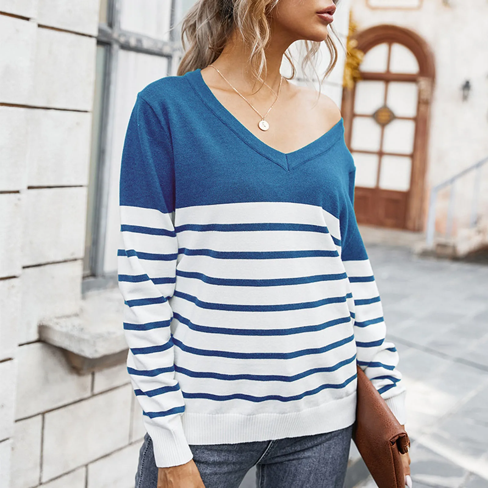 Women’s Sweater Casual Streetwear Long Sleeve Stripe Print Color Block Loose Pullover Tops Knitted Jumper jersey mujer | Женская
