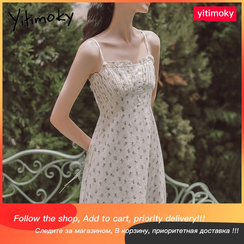 

Yitimoky Floral Women Dress Ruffles Pleated Spaghetti Strap Clothes Summer High Waisted Elegant Fashion Casual Korean Sundress
