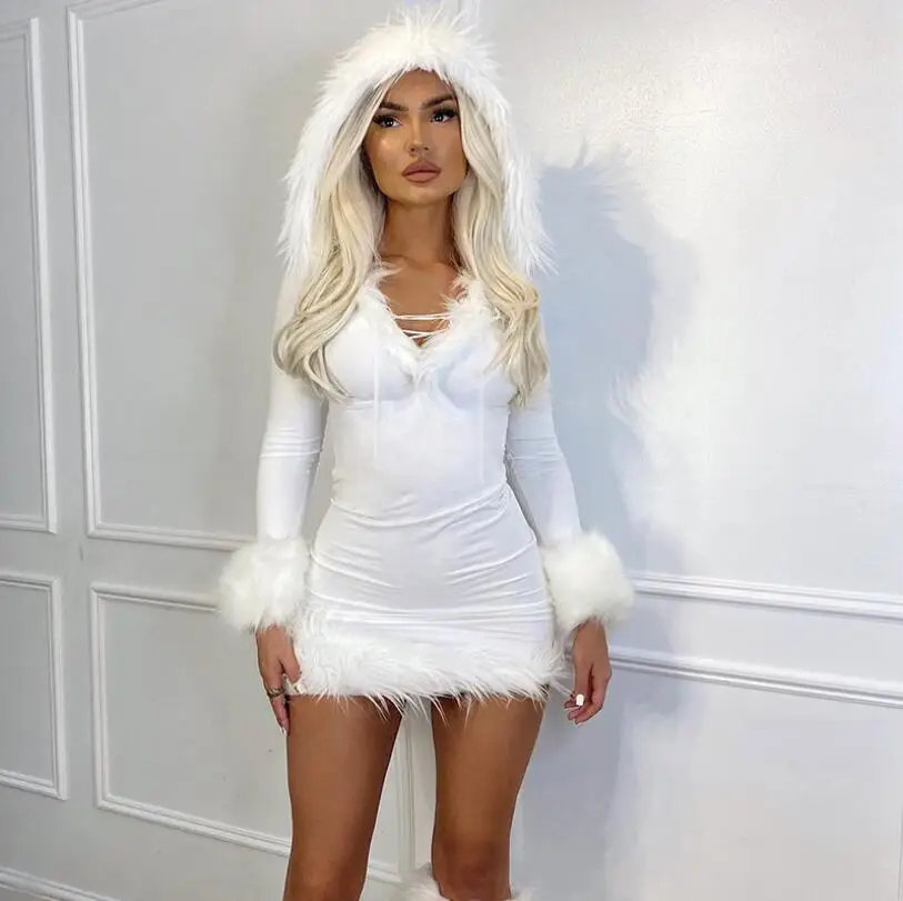New Furry White Bodycon Mini Dresses Women Autumn Long Sleeve Hooded V Neck Dress Skinny Fuzzy Party Streetwear Winte
New Furry White Bodycon Mini Dresses Women Autumn Long Sleeve Hooded V Neck Dress Skinny Fuzzy Party Streetwear Winte