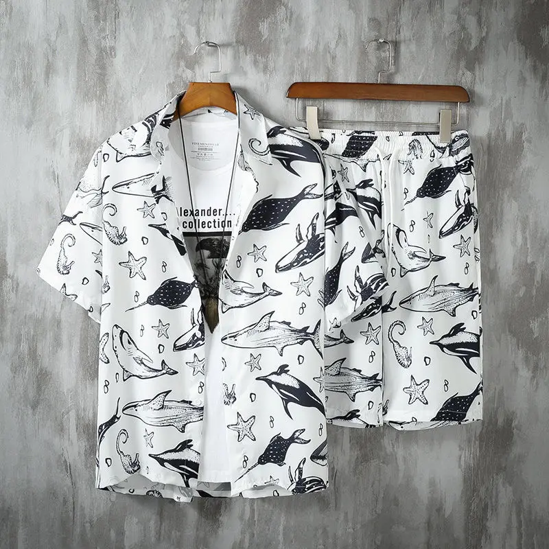 

Костюм с цветочным принтом мужской, тонкая рубашка с коротким рукавом и шорты, повседневный Гавайский пляжный комплект из 2 предметов, Одежд...