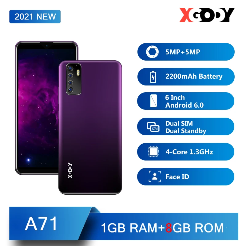 

XGODY A71 3G Smartphone 1GB 8GB Android mobile phones 6 inch Unlock Cellphone Face ID 5MP Camera Dual SIM GPS WiFi Quad Core New