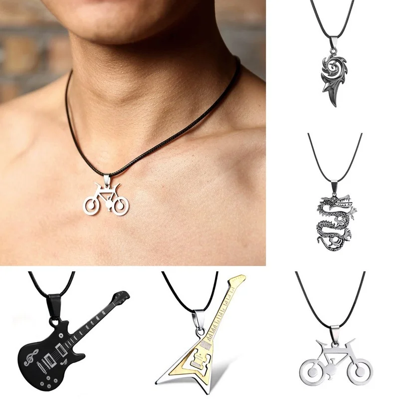 Stainless Steel Necklace For Men Pop Music Guitar Fire Flame Dragon bicycle Pendants Men Leather Chain Choker Necklaces Jewelry
Stainless Steel Necklace For Men Pop Music Guitar Fire Flame Dragon bicycle Pendants Men Leather Chain Choker Necklaces Jewelry