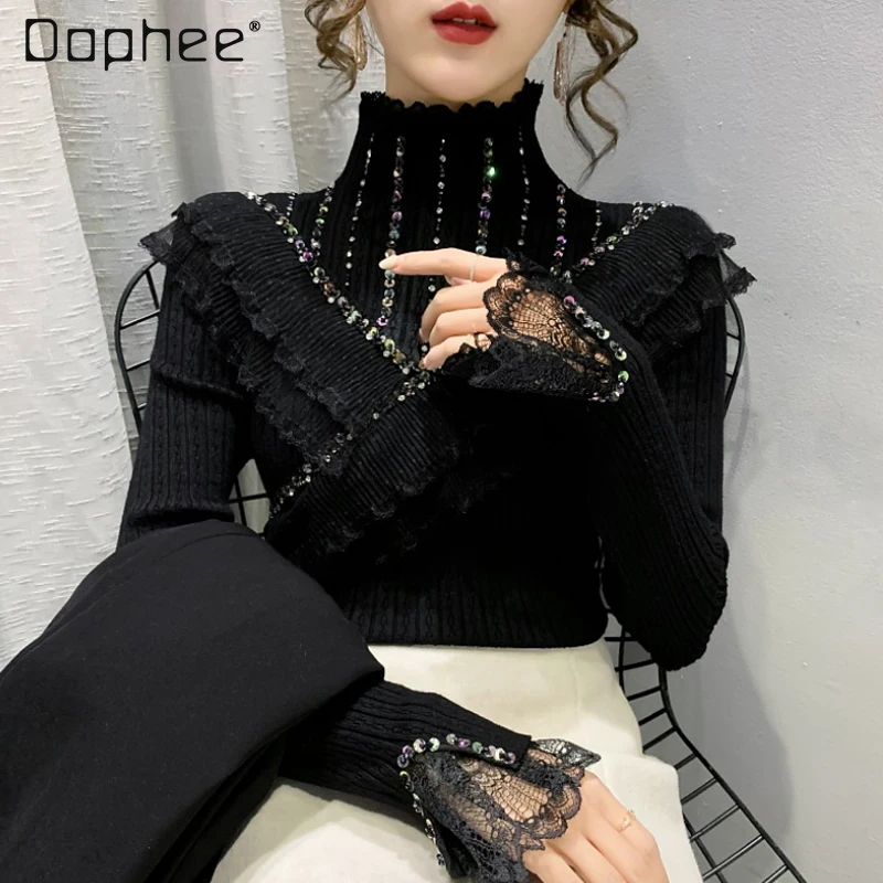 Rhinestone Black Sweaters for Women 2021 New Fashion Stylish Lace Ruffled Turtleneck Bottoming Knitting Shirt for Women Jumpers 
Rhinestone Black Sweaters for Women 2021 New Fashion Stylish Lace Ruffled Turtleneck Bottoming Knitting Shirt for Women Jumpers