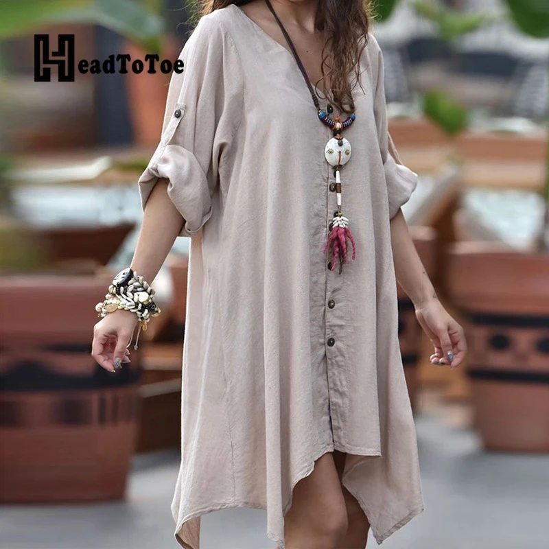 Solid Button Casual Woman Dress Half Sleeve V Neck Loose Irregular Woman Dress
Solid Button Casual Woman Dress Half Sleeve V Neck Loose Irregular Woman Dress
