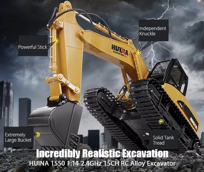HuiNa 1550 15CH 2.4G 1/14 RC Truck 680 Degree Rotation Metal Excavator Engineering Vehicle Cool Sound/Light Effect RC Truck Toy
HuiNa 1550 15CH 2.4G 1/14 RC Truck 680 Degree Rotation Metal Excavator Engineering Vehicle Cool Sound/Light Effect RC Truck Toy