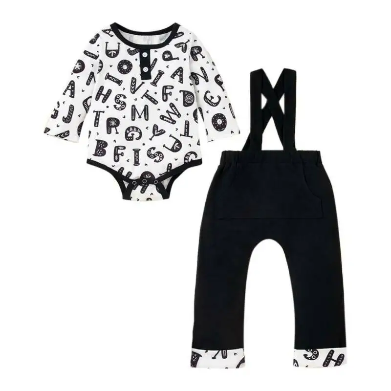 Baby Long Sleeve Top Suspender Pants Two Piece Set White Letter Printed Round Neck Dress Black Leg Design Suits
Baby Long Sleeve Top Suspender Pants Two Piece Set White Letter Printed Round Neck Dress Black Leg Design Suits