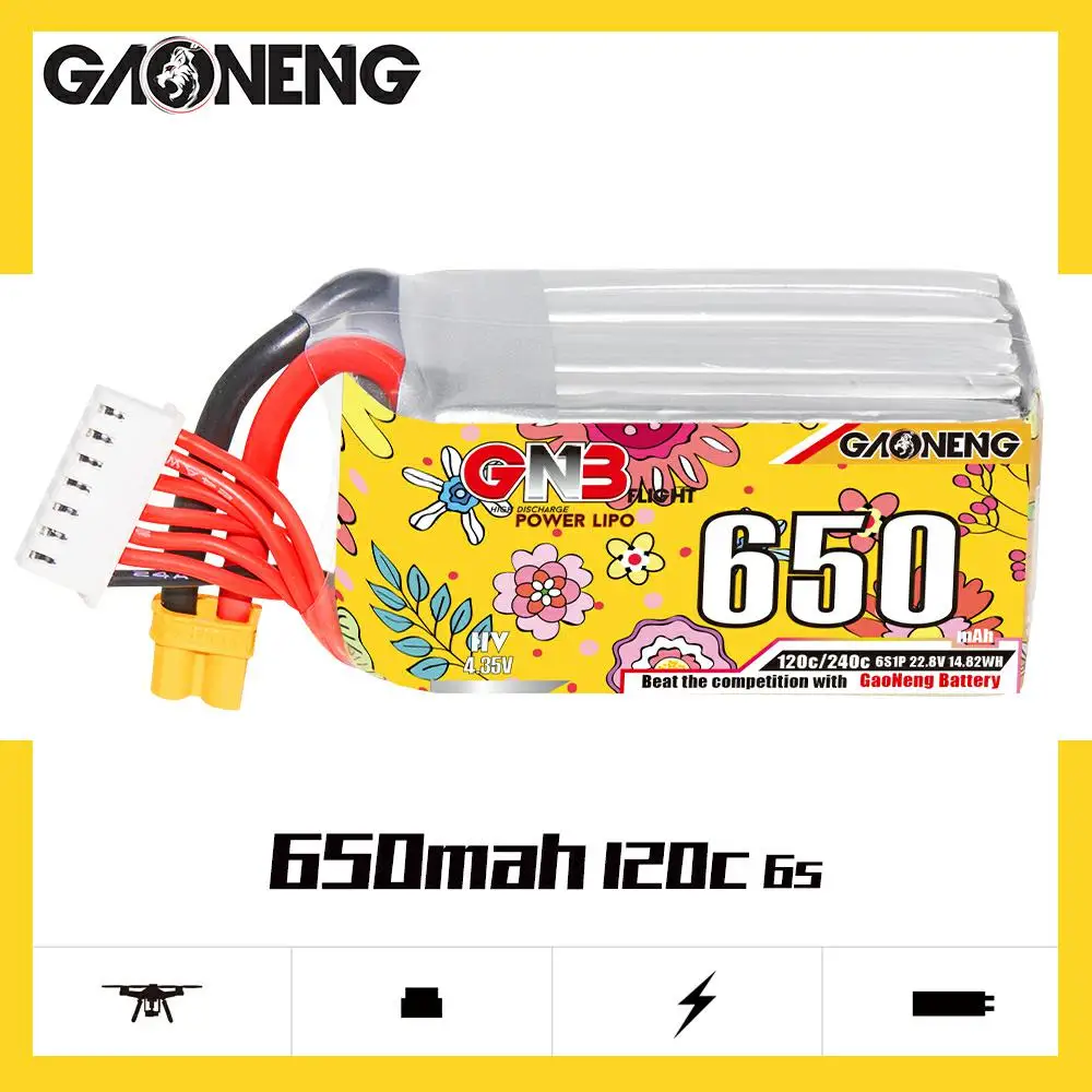 Gaoneng GNB 650mAh 22.8V 120C 6S1P HV Lipo Battery XT30 XT60 Plug For FPV Racing Drone RC Models Multicopter Helicopter Parts
Gaoneng GNB 650mAh 22.8V 120C 6S1P HV Lipo Battery XT30 XT60 Plug For FPV Racing Drone RC Models Multicopter Helicopter Parts