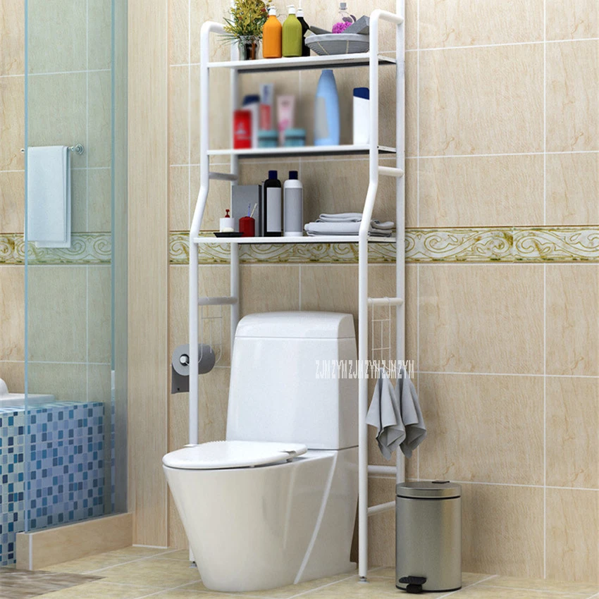 

No Punching Metal Toilet Shelf Floor Type Storage Shampoo Towel Etc Accessory Rack Bathroom Washing Machine Shelf Organizer