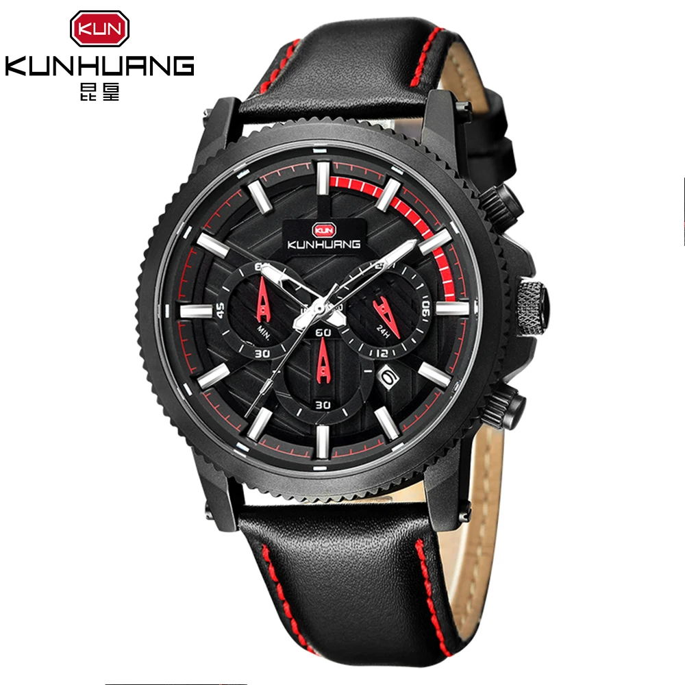KUNHUANG New Luxury Brand Men Chronograph Casual Watches Men's Quartz Clock Man Leather Strap Army Military Sports Wrist Watch
KUNHUANG New Luxury Brand Men Chronograph Casual Watches Men's Quartz Clock Man Leather Strap Army Military Sports Wrist Watch