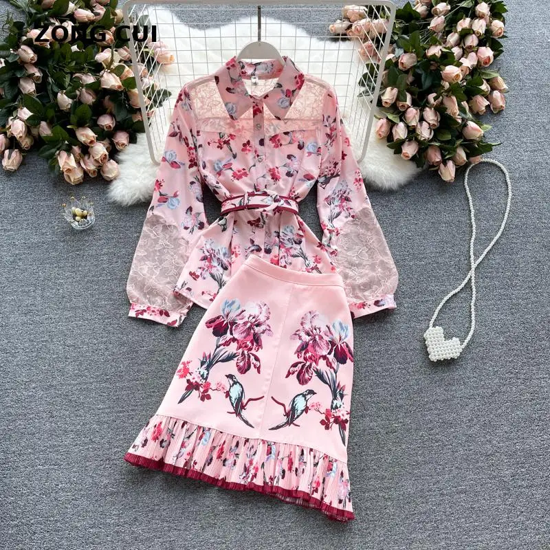 Fashion Designer Summer Fall Women's Pink Suit See through Lace Patchwork Blouse Shirt and High waist Pleated Skirt 2 Piece Set
Fashion Designer Summer Fall Women's Pink Suit See through Lace Patchwork Blouse Shirt and High waist Pleated Skirt 2 Piece Set