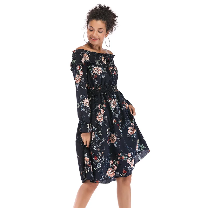 Amazon's hot cross border foreign trade European and American trumpet Long Sleeve Chiffon print one neck breast wrapped dress 
Amazon's hot cross border foreign trade European and American trumpet Long Sleeve Chiffon print one neck breast wrapped dress