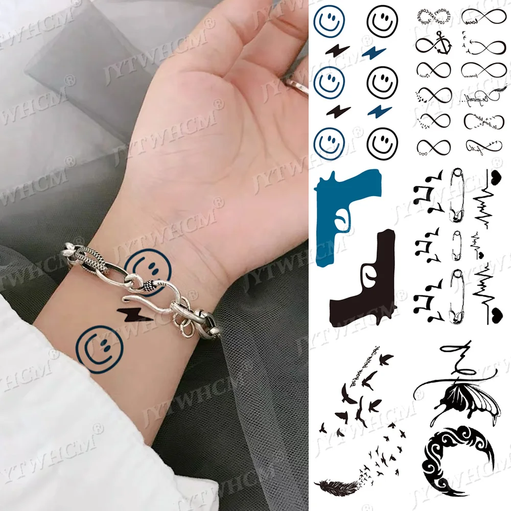 Smiley Temporary Tattoos Stickers Waterproof Lightning Black Transfer Tattoo Gun Moon Infinite Paper Clip Music Note Art Tattoo
Smiley Temporary Tattoos Stickers Waterproof Lightning Black Transfer Tattoo Gun Moon Infinite Paper Clip Music Note Art Tattoo
