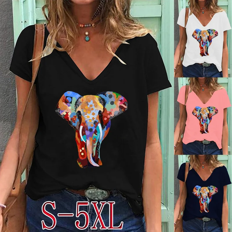 Women's Summer New Fashion Cute Elephant Print T-shirt Casual Short-sleeved V-neck T-shirt Loose Pullover Top 
Women's Summer New Fashion Cute Elephant Print T-shirt Casual Short-sleeved V-neck T-shirt Loose Pullover Top