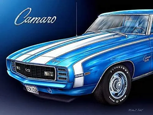 Lplpol 1968 синий с белыми гоночными полосами Camaro Классический автомобиль Мужская пещера Искусство Знаки Ретро-вида Репродукция металлических табличек.