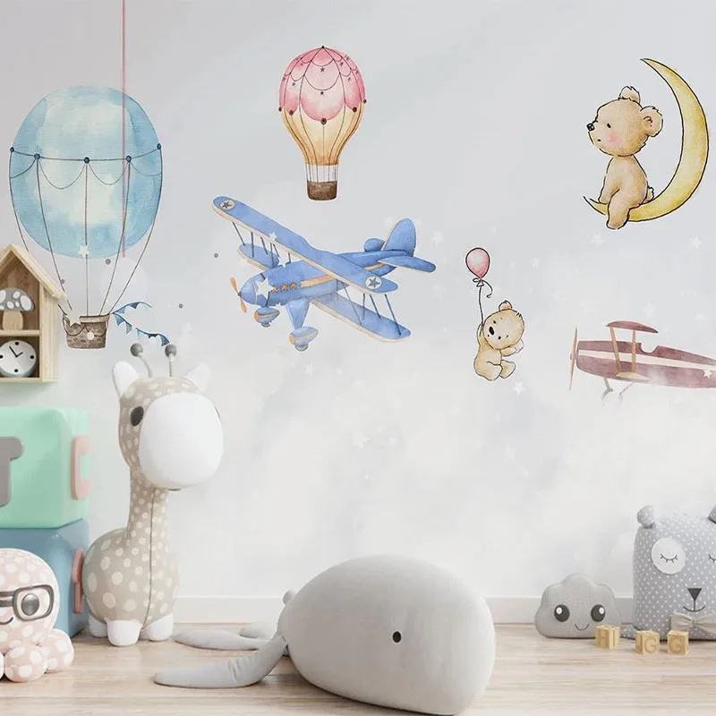 

Custom Mural Wallpaper Nordic 3D Cartoon Hand Drawn Hot Air Balloon Airplane Children Room Background Wall Paper Papel De Parede