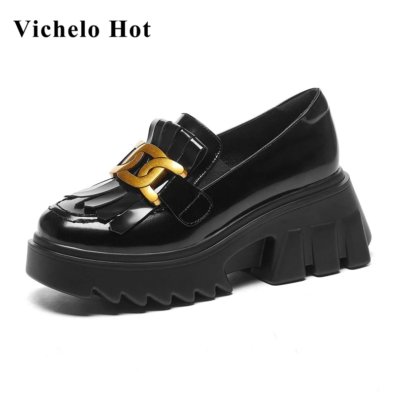 Vichelo Hot natural leather round toe high heels metal decoration fringe British style handmade early spring new women pumps L23 
Vichelo Hot natural leather round toe high heels metal decoration fringe British style handmade early spring new women pumps L23