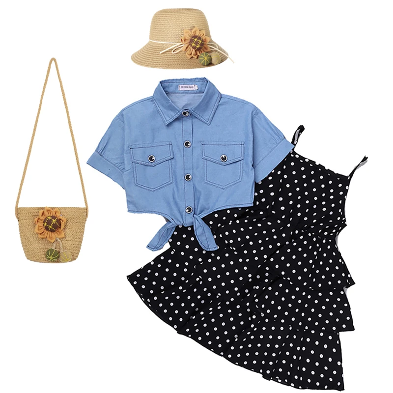 Girls Spring Summer Layered Dress Suit Suspender Polka Dot Skirt+Denim Short Sleeve Top 2PCS Children Clothing
Girls Spring Summer Layered Dress Suit Suspender Polka Dot Skirt+Denim Short Sleeve Top 2PCS Children Clothing